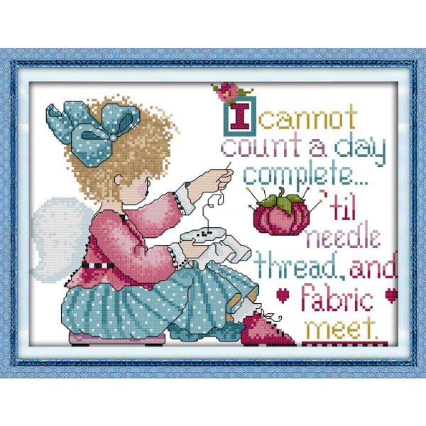 A girl with embroidered cross stitch 2
