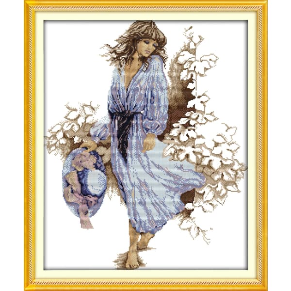 The woman in the blue dress