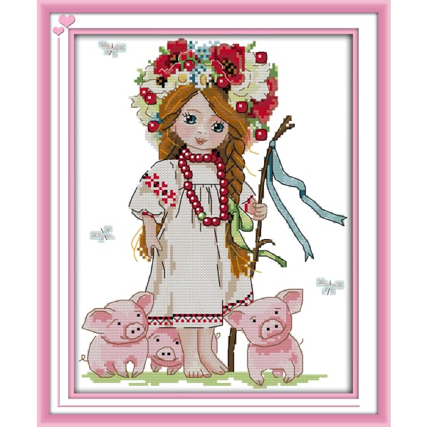 Girl and piglets
