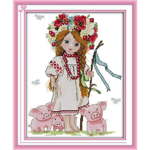 Girl and piglets
